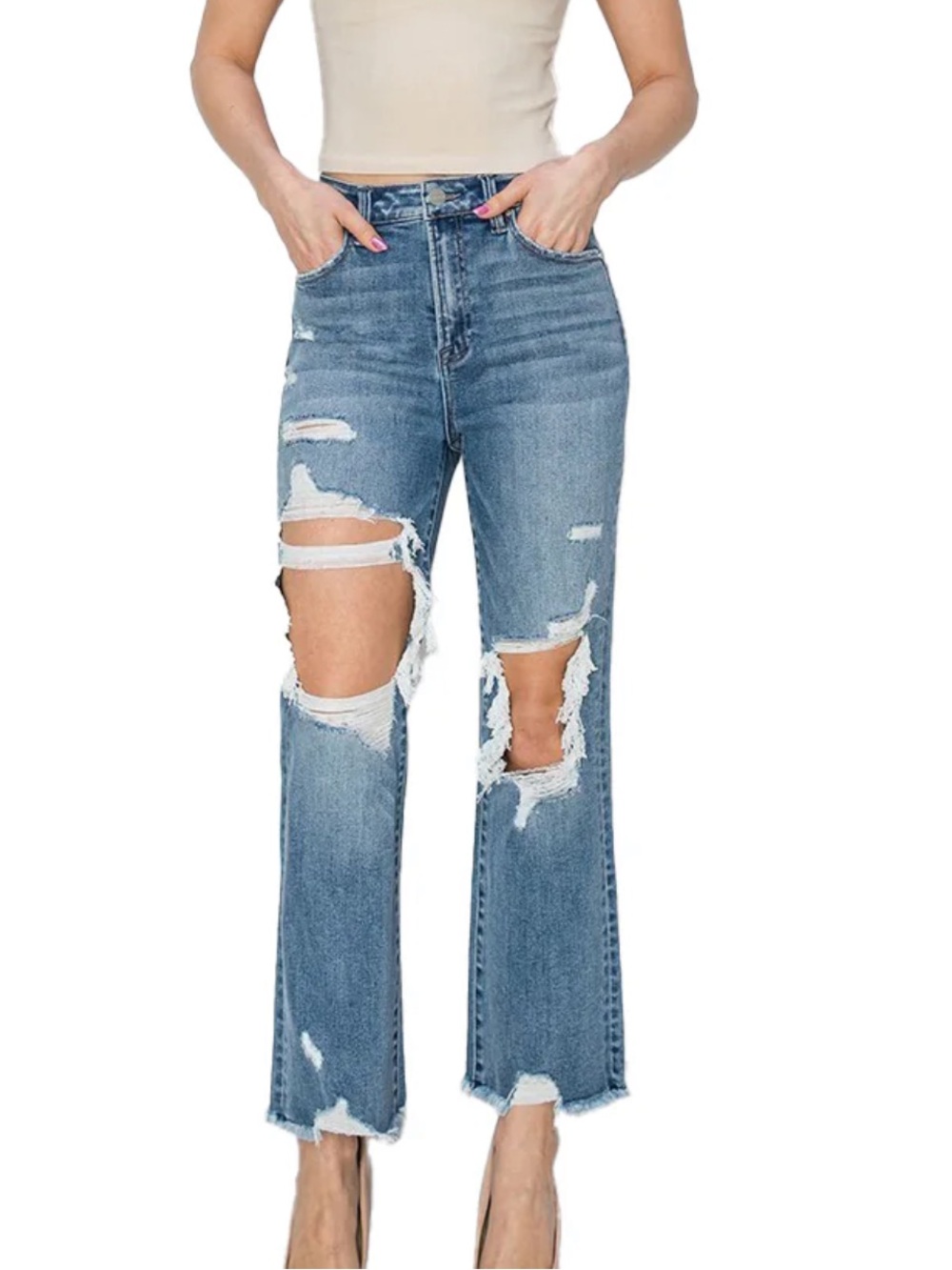 RISEN Jeans Women 5/27 Blue Straight Crop Distressed Medium Wash RDP5780